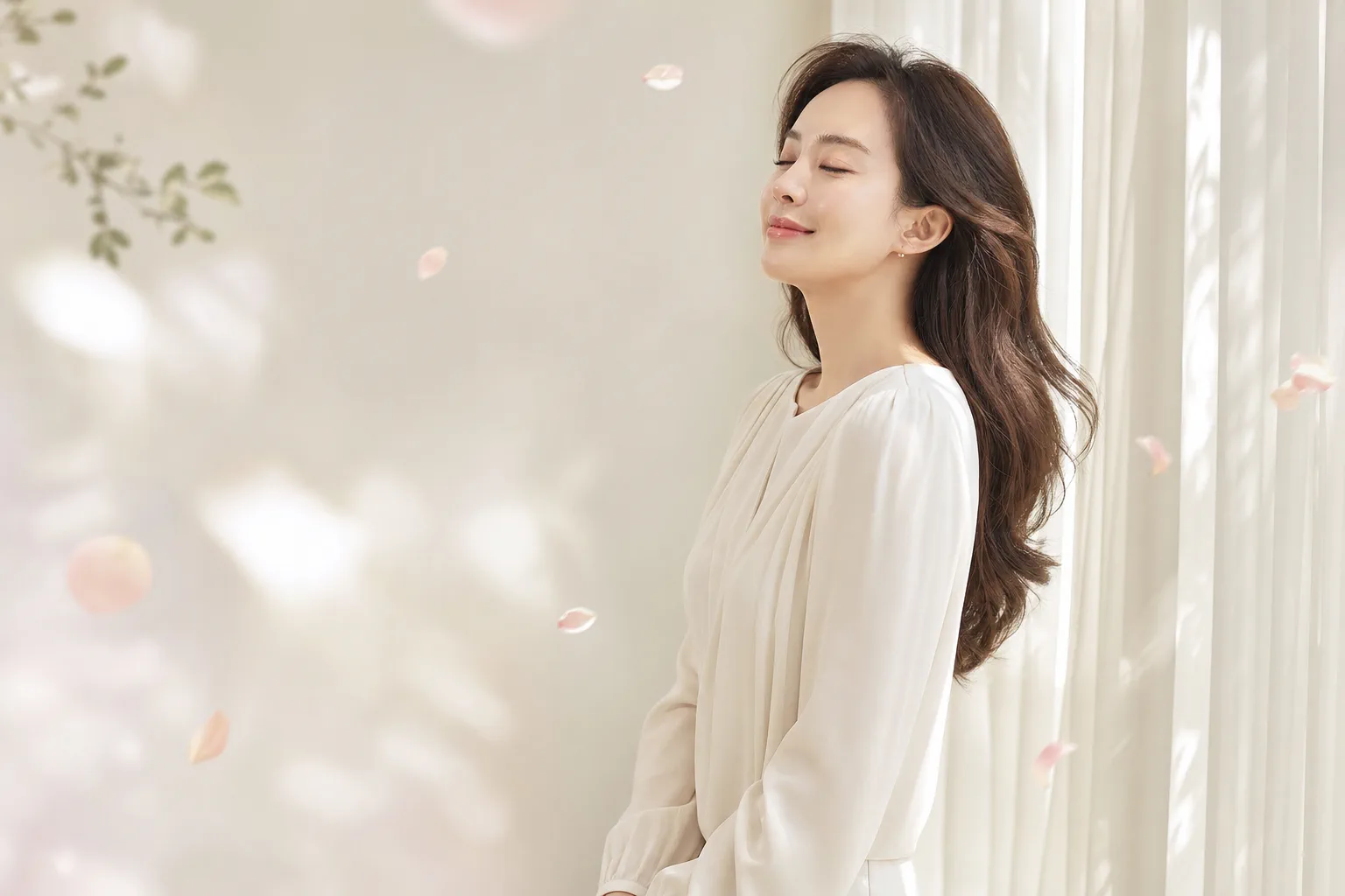 밝은 공간에서 눈을 감고 편안하게 미소 짓는 여성 연출 이미지