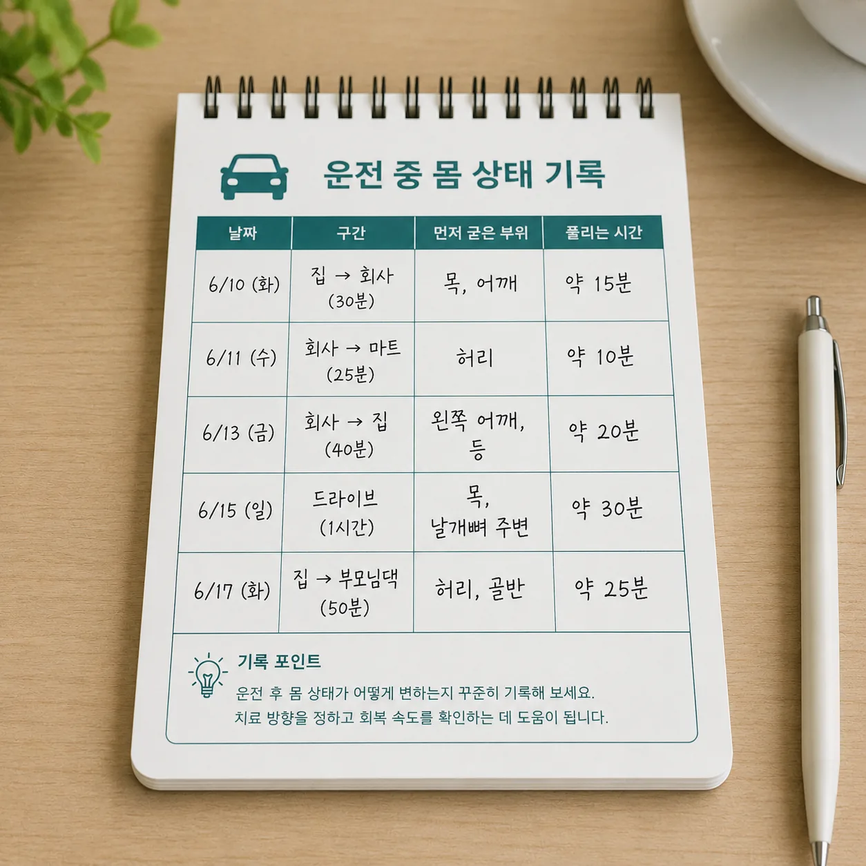 교통사고 후 운전 중 몸 상태를 적은 기록 메모 예시