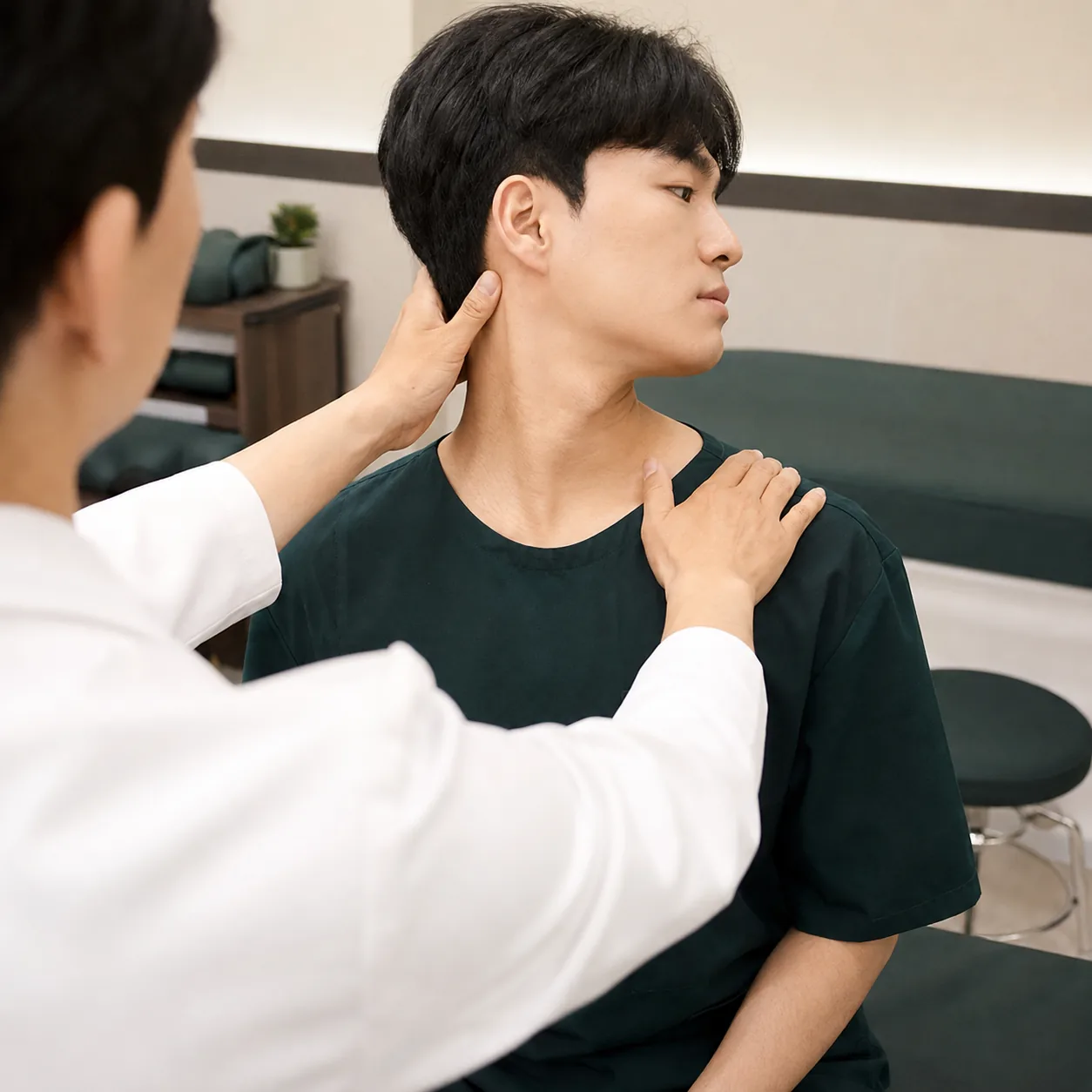 교통사고 후유증 진료에서 목과 어깨의 움직임과 압통을 확인하는 모습