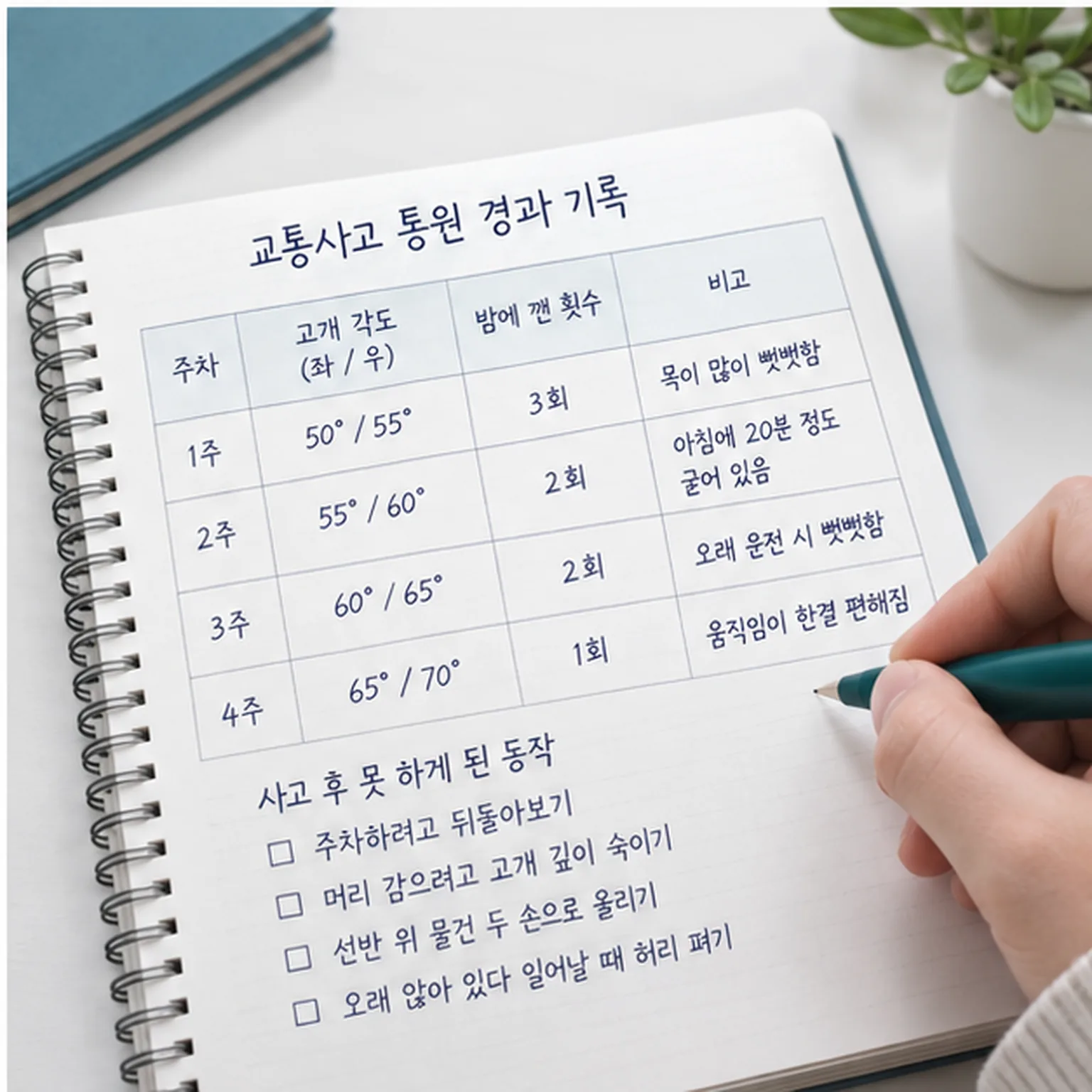 교통사고 치료 경과를 주 단위로 적은 기록 노트