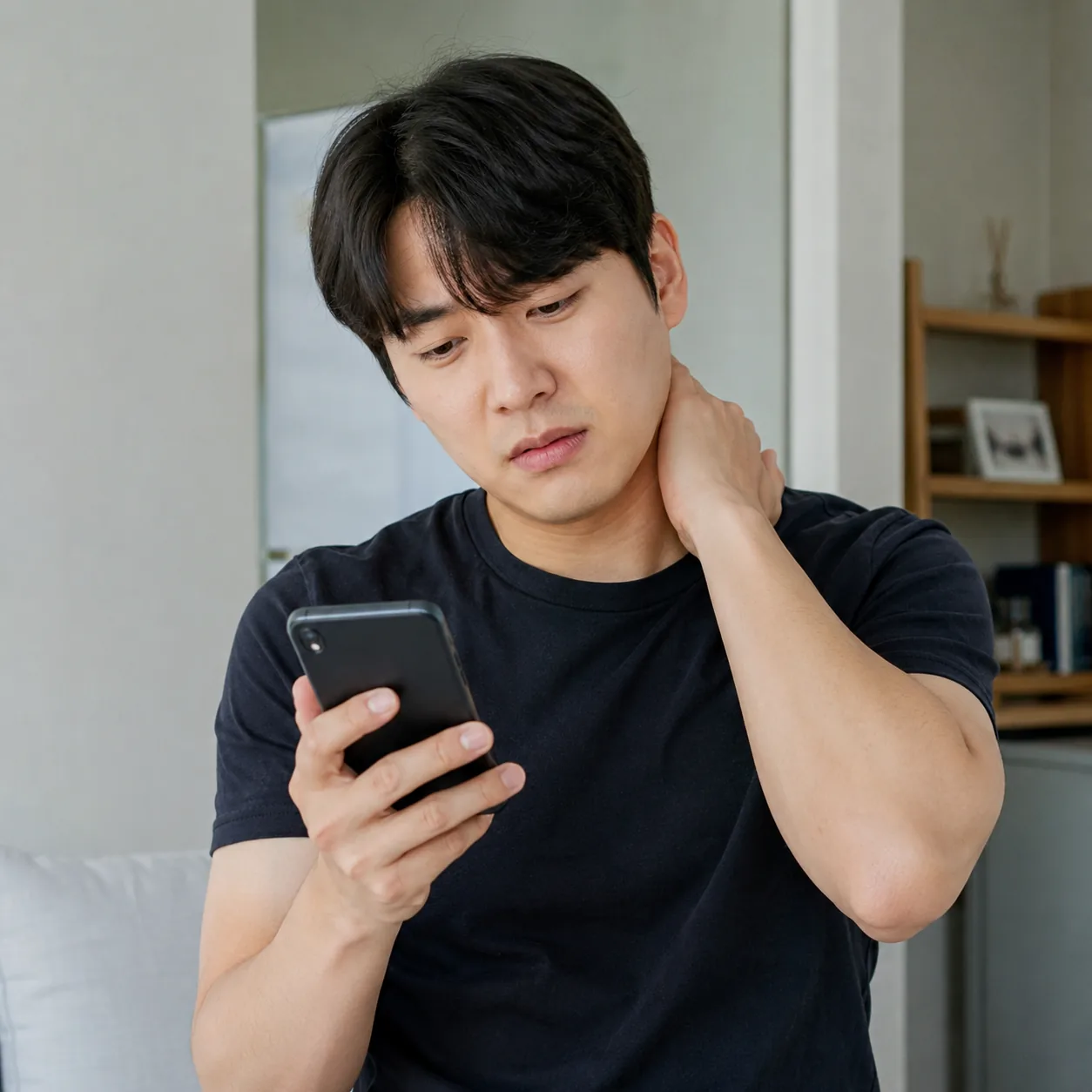 교통사고 접수번호 문자를 기다리며 목 통증을 살피는 모습