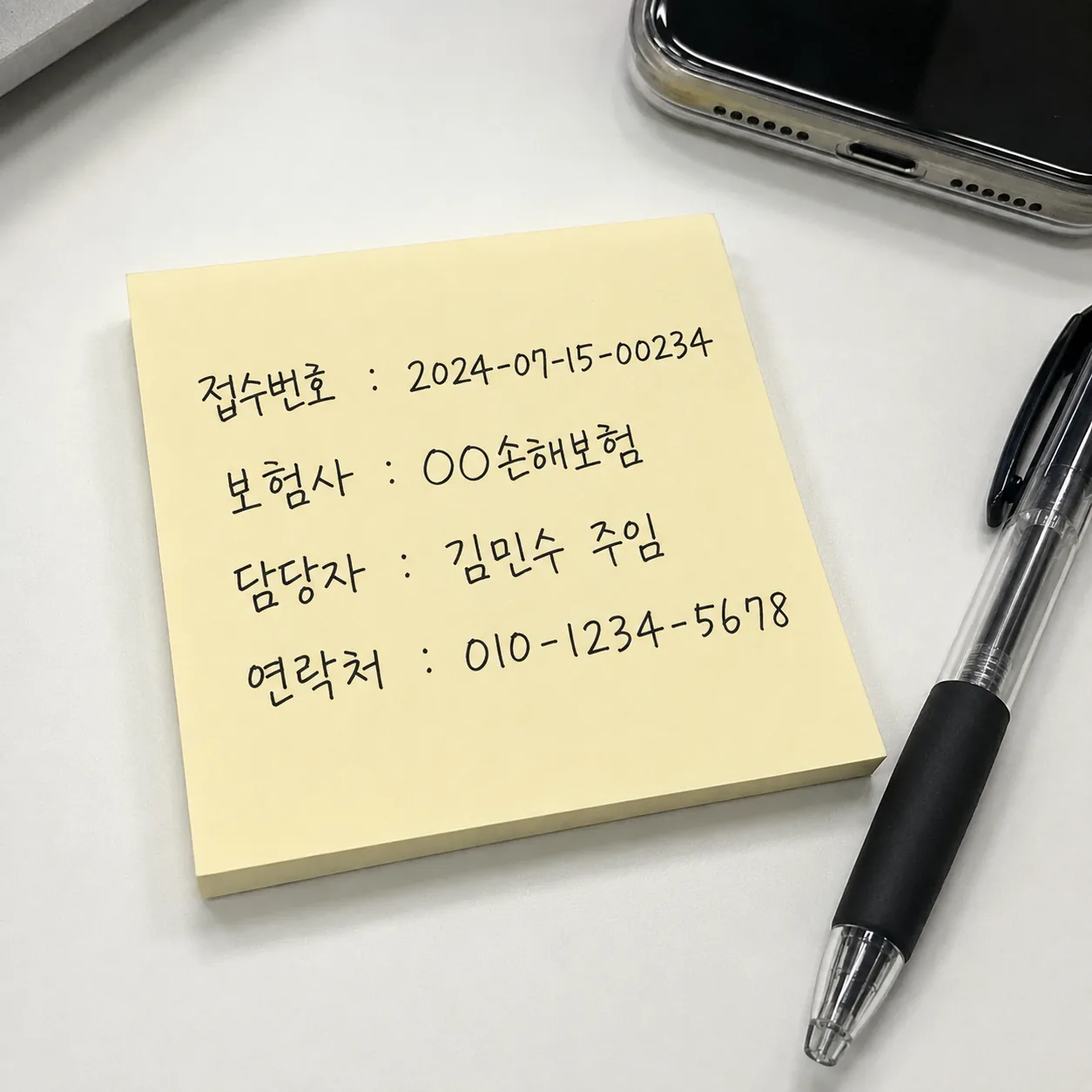 교통사고 대인 접수번호와 보험사 담당자 연락처를 정리한 메모