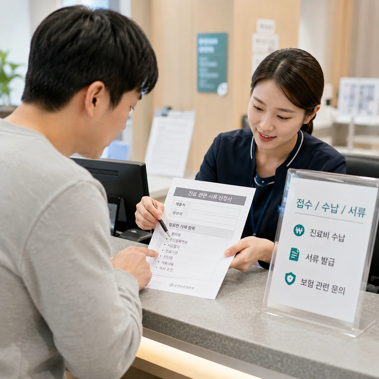 교통사고 통원확인서 발급을 요청하며 제출처를 함께 말하는 장면
