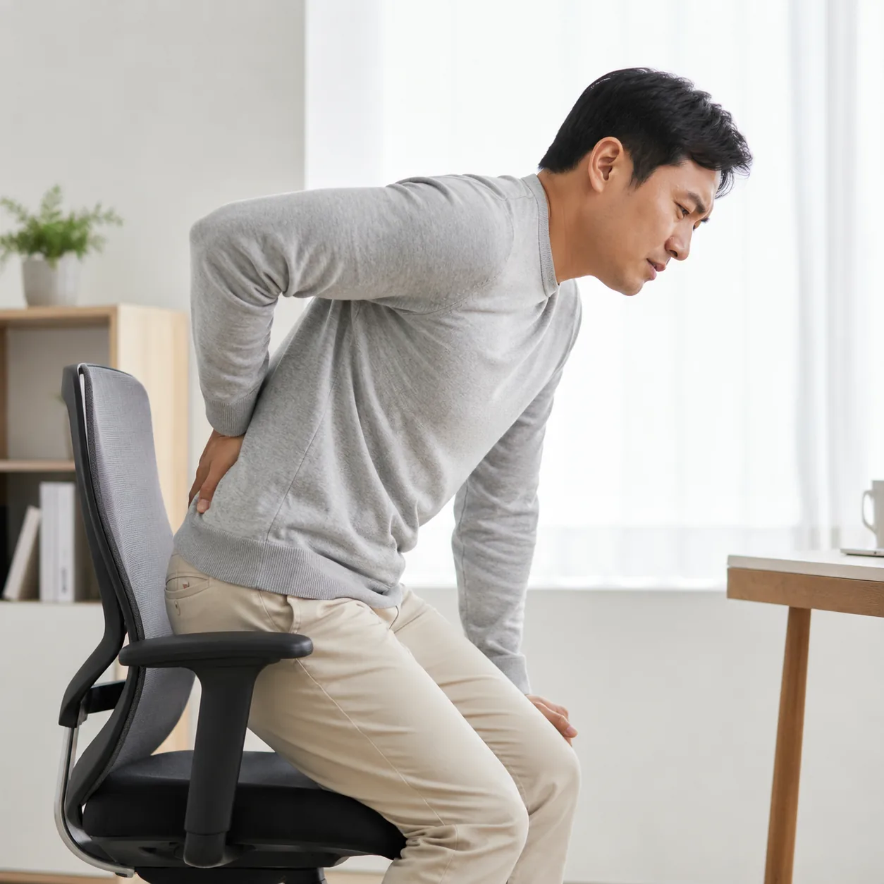 교통사고 후 허리가 펴지지 않아 손으로 허리를 짚고 일어서는 모습