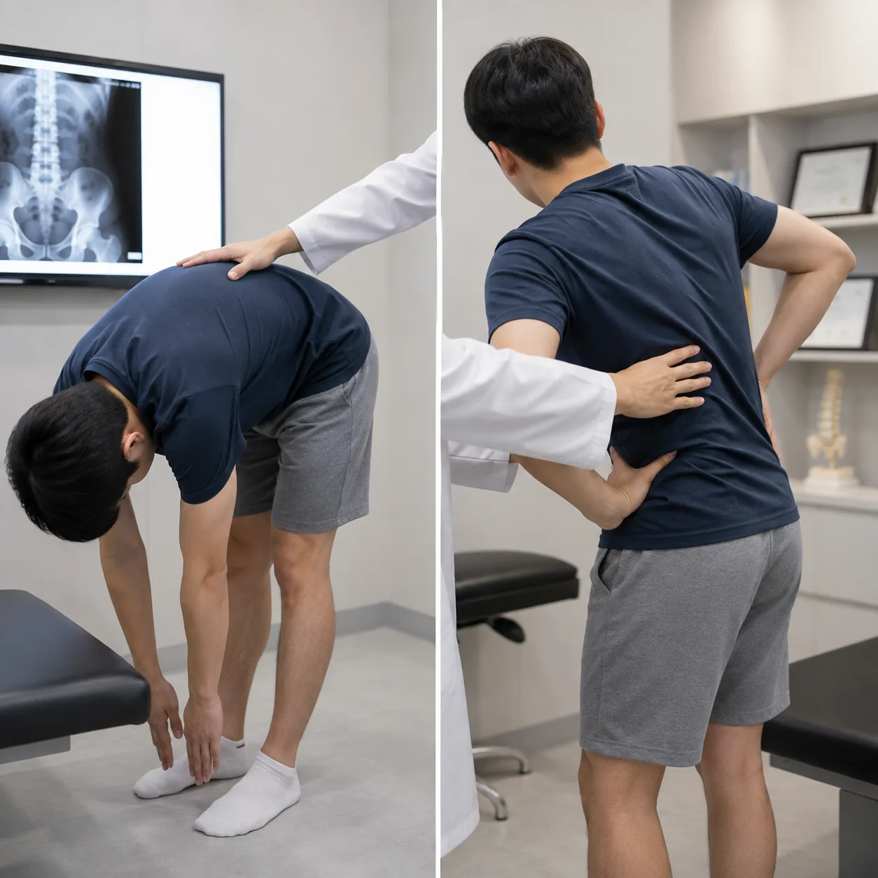 교통사고 후 허리 통증 진찰에서 굽힘과 회전 방향을 확인하는 모습