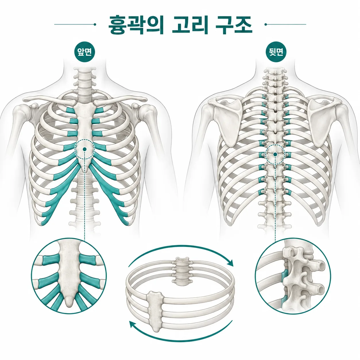 갈비뼈가 가슴뼈와 등뼈에 함께 붙어 있는 흉곽의 고리 구조
