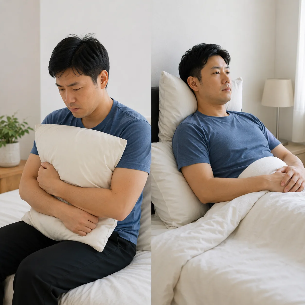 기침할 때 베개로 가슴을 받치고 상체를 세워 눕는 통증 완화 자세