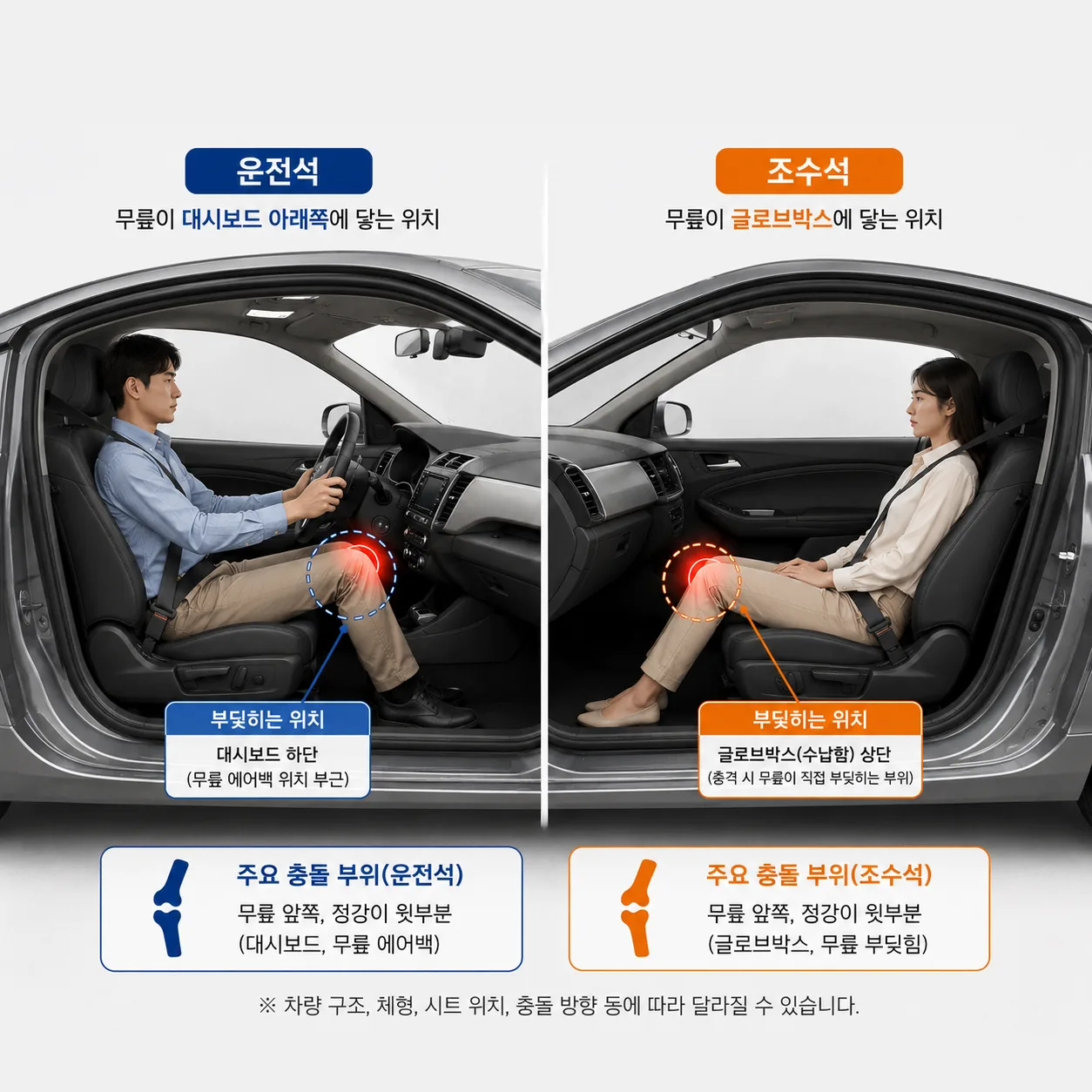 교통사고에서 운전석과 조수석의 무릎이 부딪히는 위치 비교