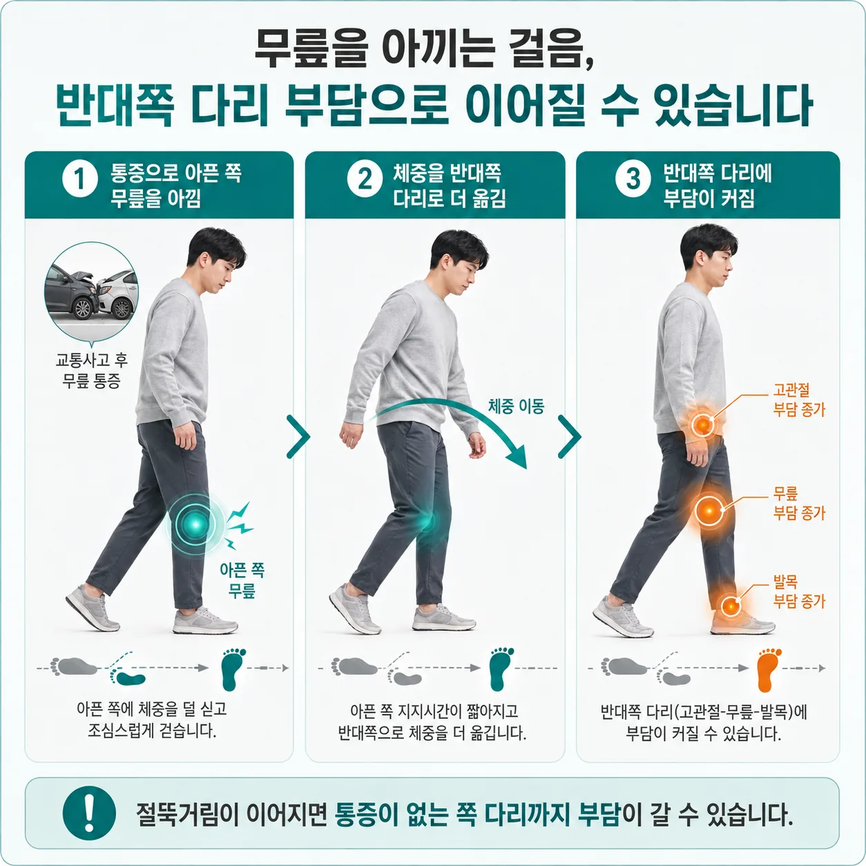 교통사고 후 무릎을 아끼는 걸음이 반대쪽 다리에 부담을 옮기는 과정