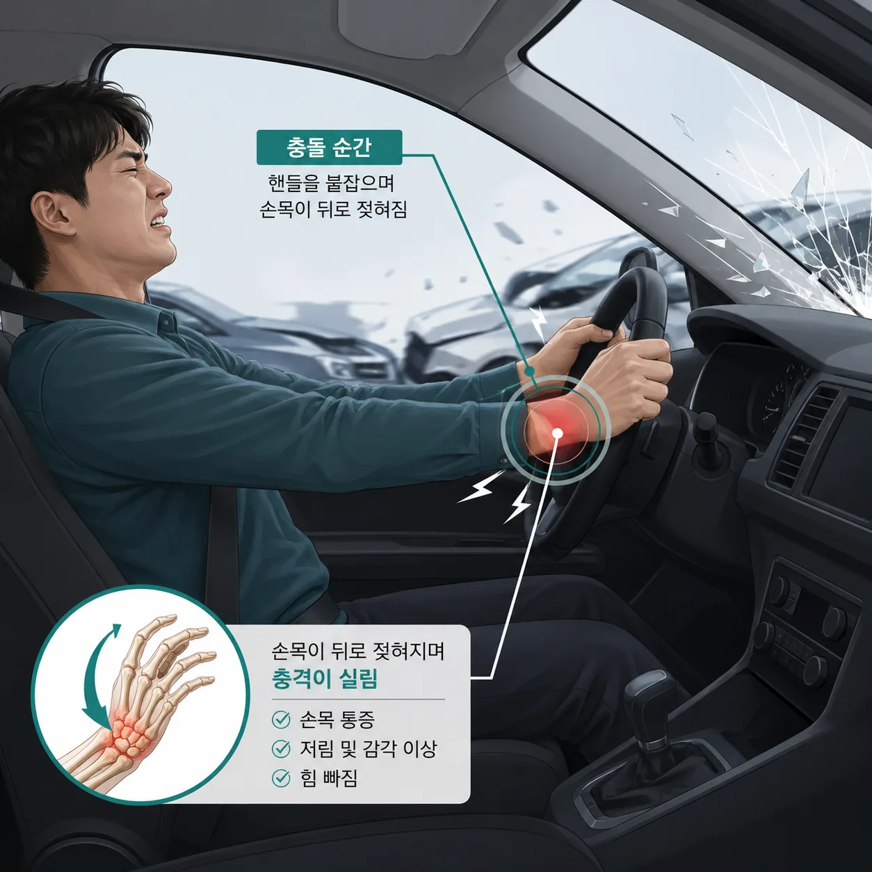 교통사고 충돌 순간 핸들을 붙잡은 손목에 충격이 실리는 모습