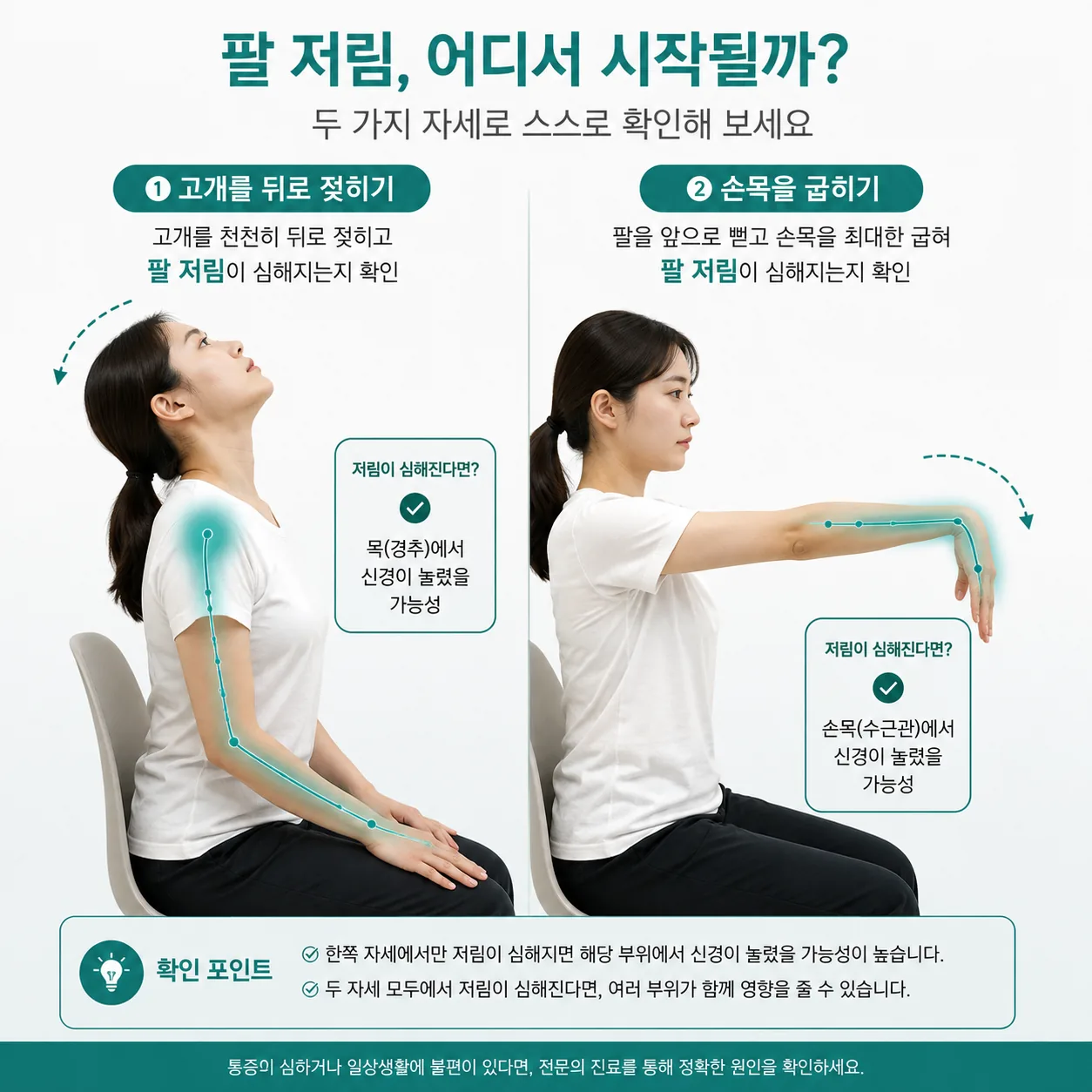 목 젖힘과 손목 굽힘으로 팔 저림의 출발점을 나눠 보는 자가 확인 자세