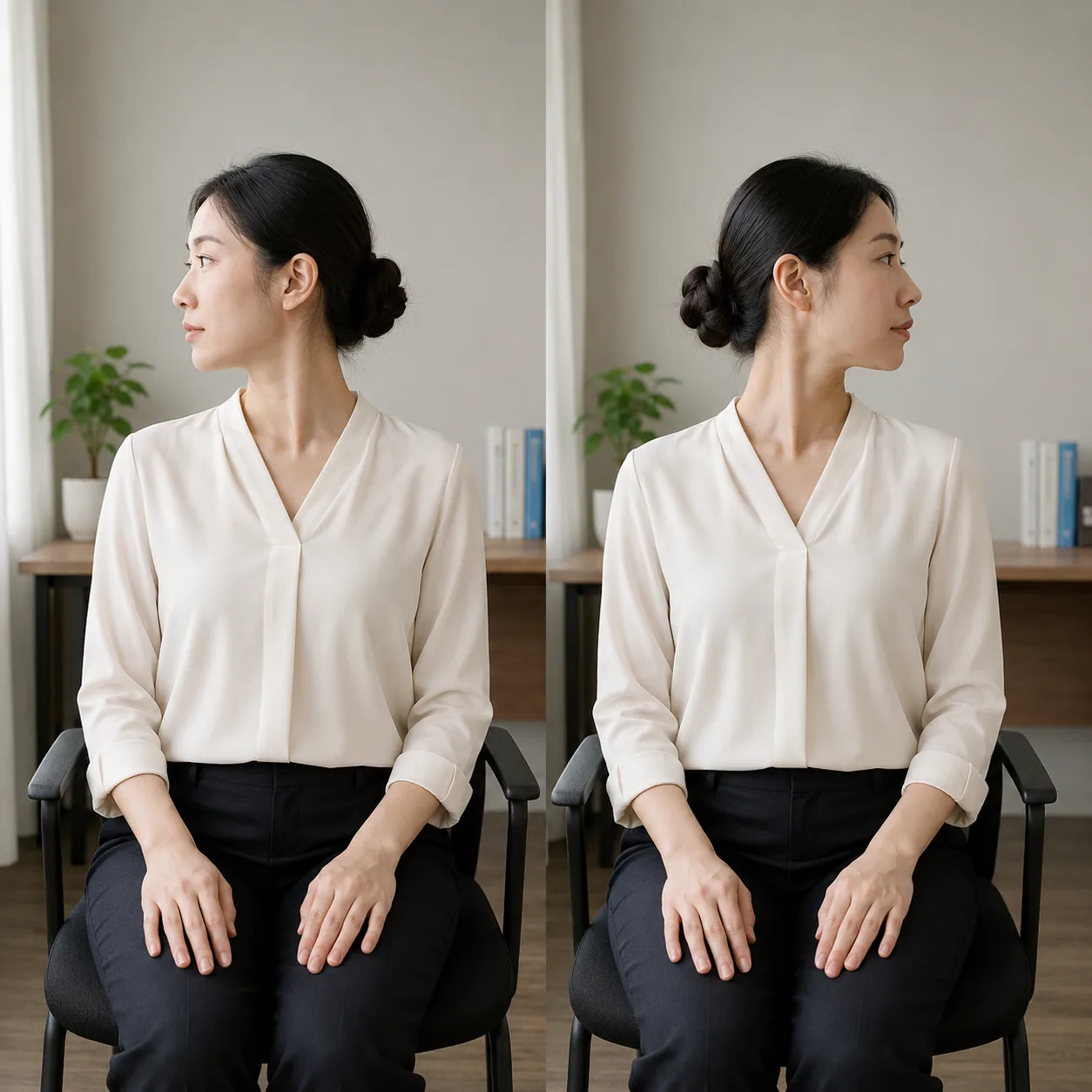 고개 좌우 회전 각도를 비교하는 자가 확인 동작