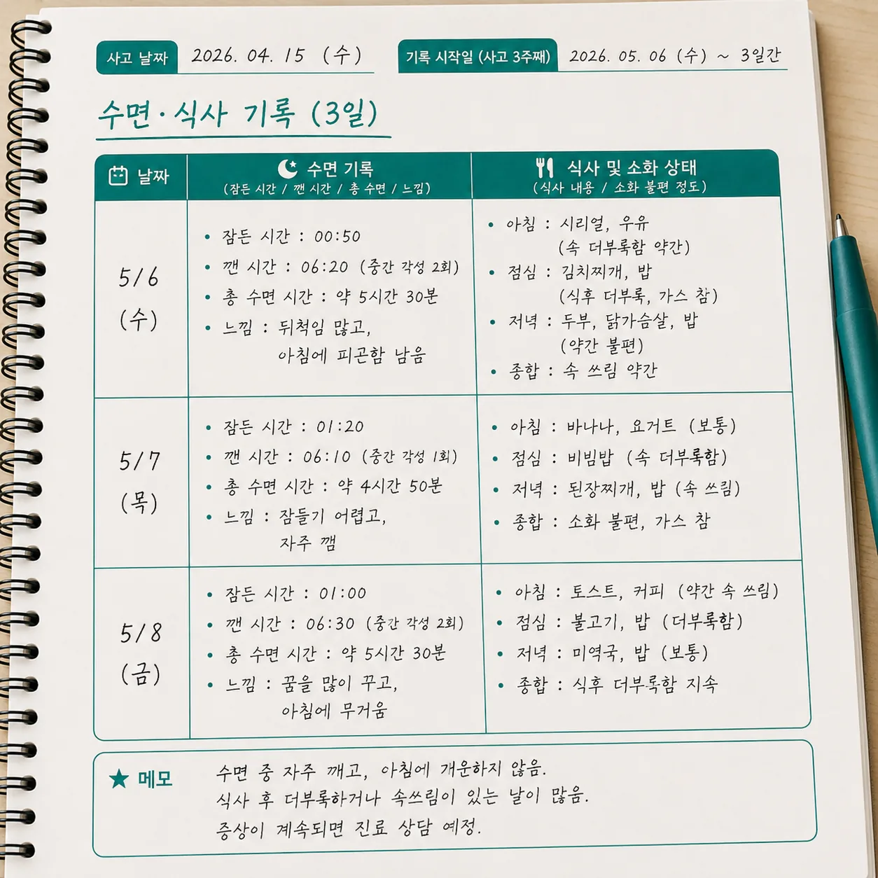 교통사고 후유증 불면증 확인을 위한 사흘치 수면 기록 메모