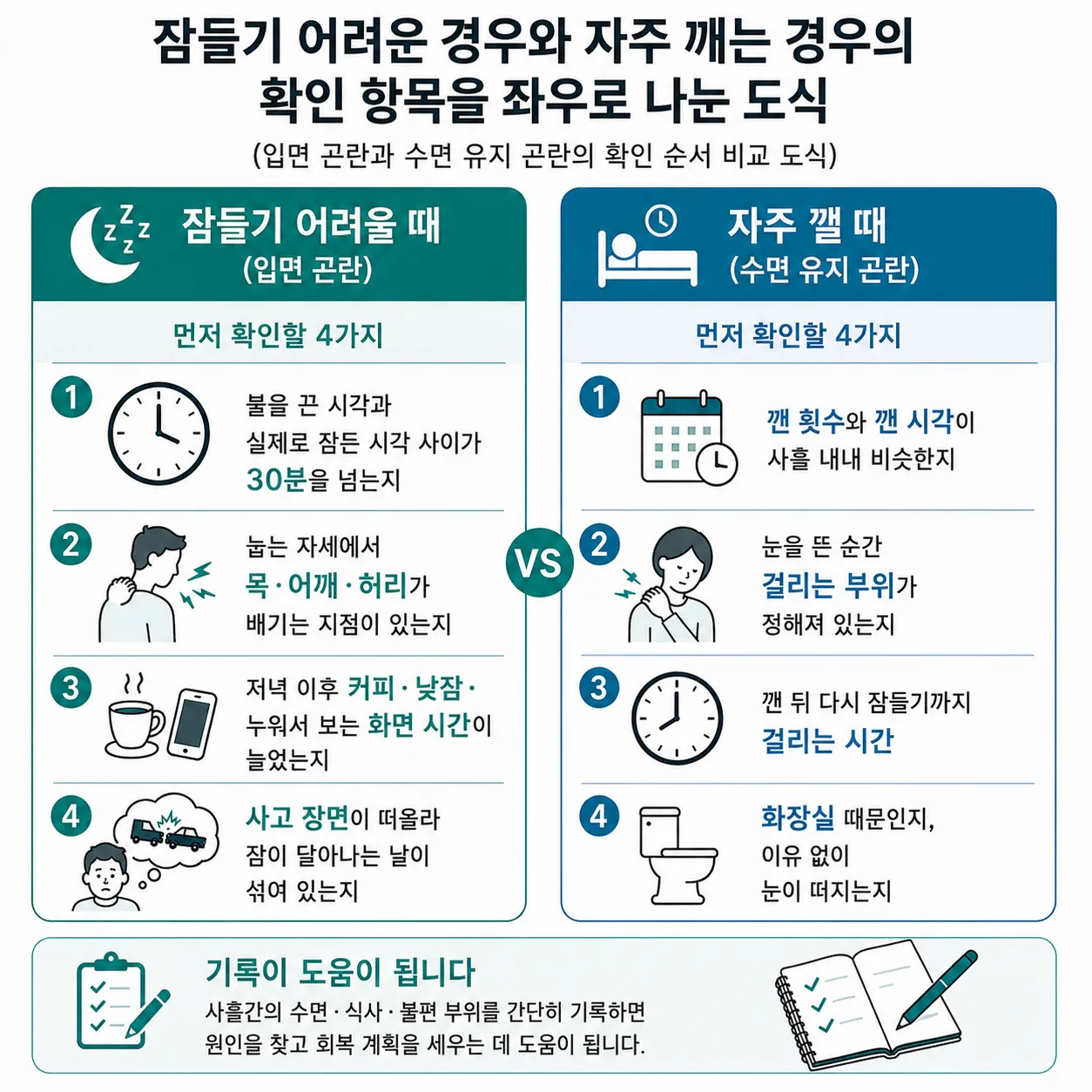 입면 곤란과 수면 유지 곤란의 확인 순서 비교 도식