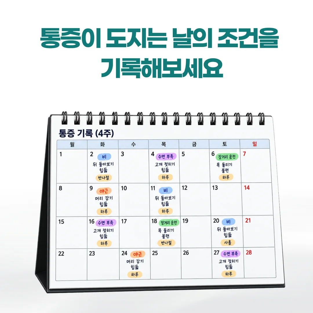 교통사고 후 통증이 도지는 날의 조건을 4주간 기록한 달력