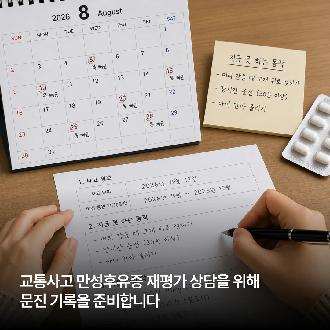 교통사고 만성후유증 재평가 상담을 위해 준비한 문진 기록