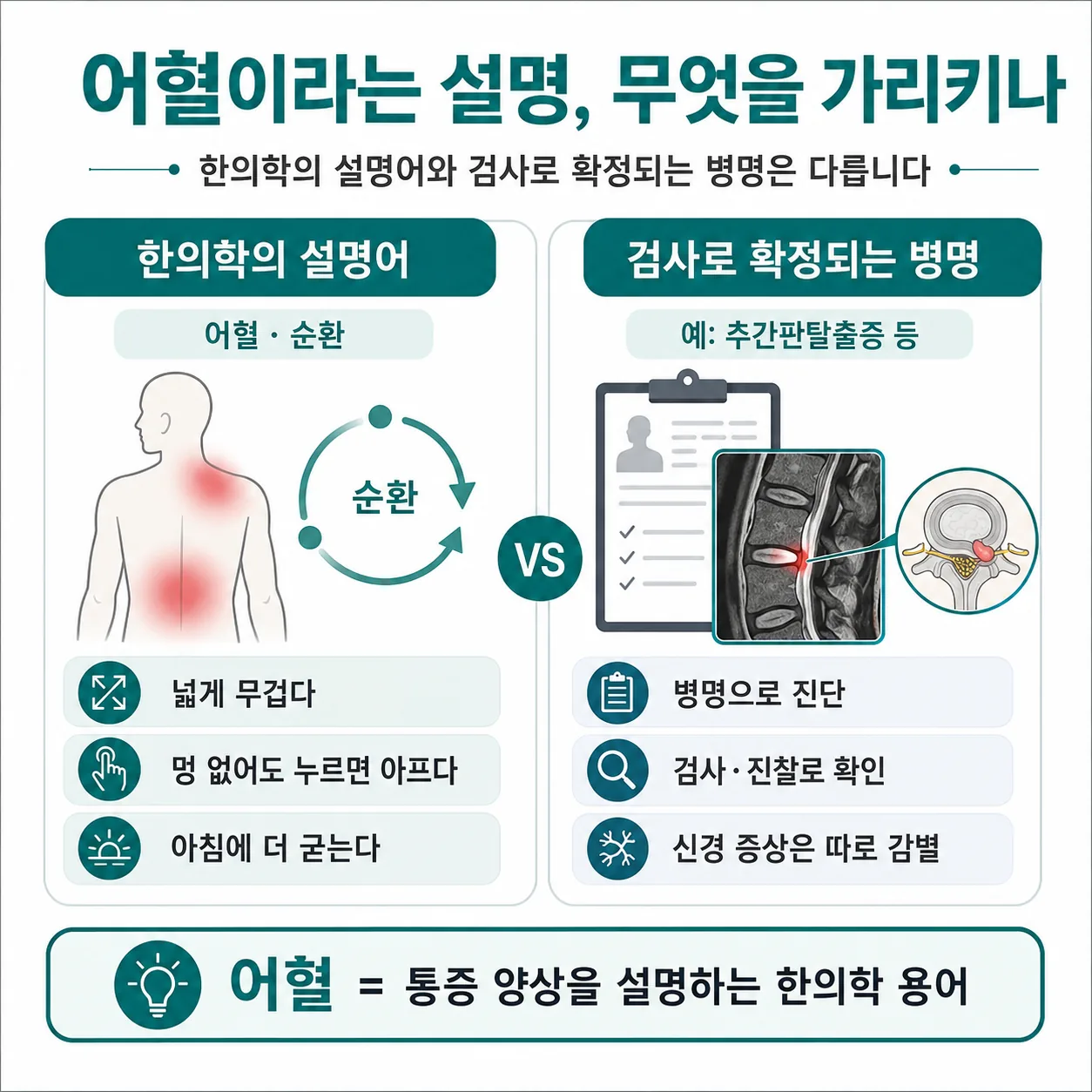 어혈이라는 한의학 설명어와 검사로 확정되는 병명을 구분한 도식
