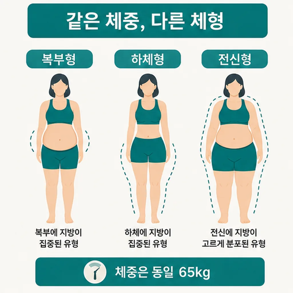 체중이 같아도 지방이 붙은 자리에 따라 달라지는 세 가지 체형 비교