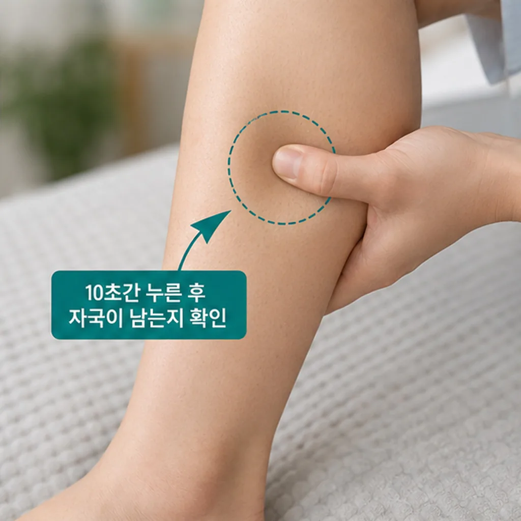 정강이 앞쪽을 눌러 부기 자국이 남는지 확인하는 방법