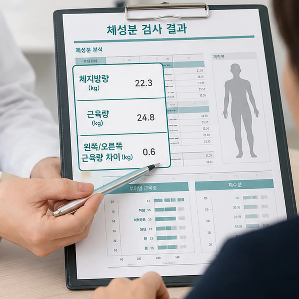 체성분 결과지에서 체지방량과 근육량, 세포외수분비를 확인하는 상담 장면
