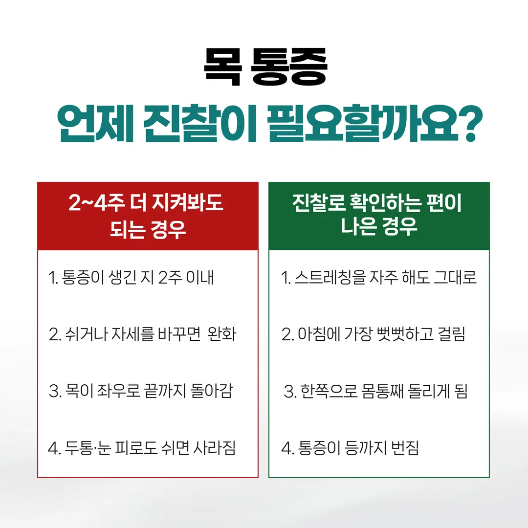 자세성 목 통증 자가 관리와 진찰 확인 기준 비교표