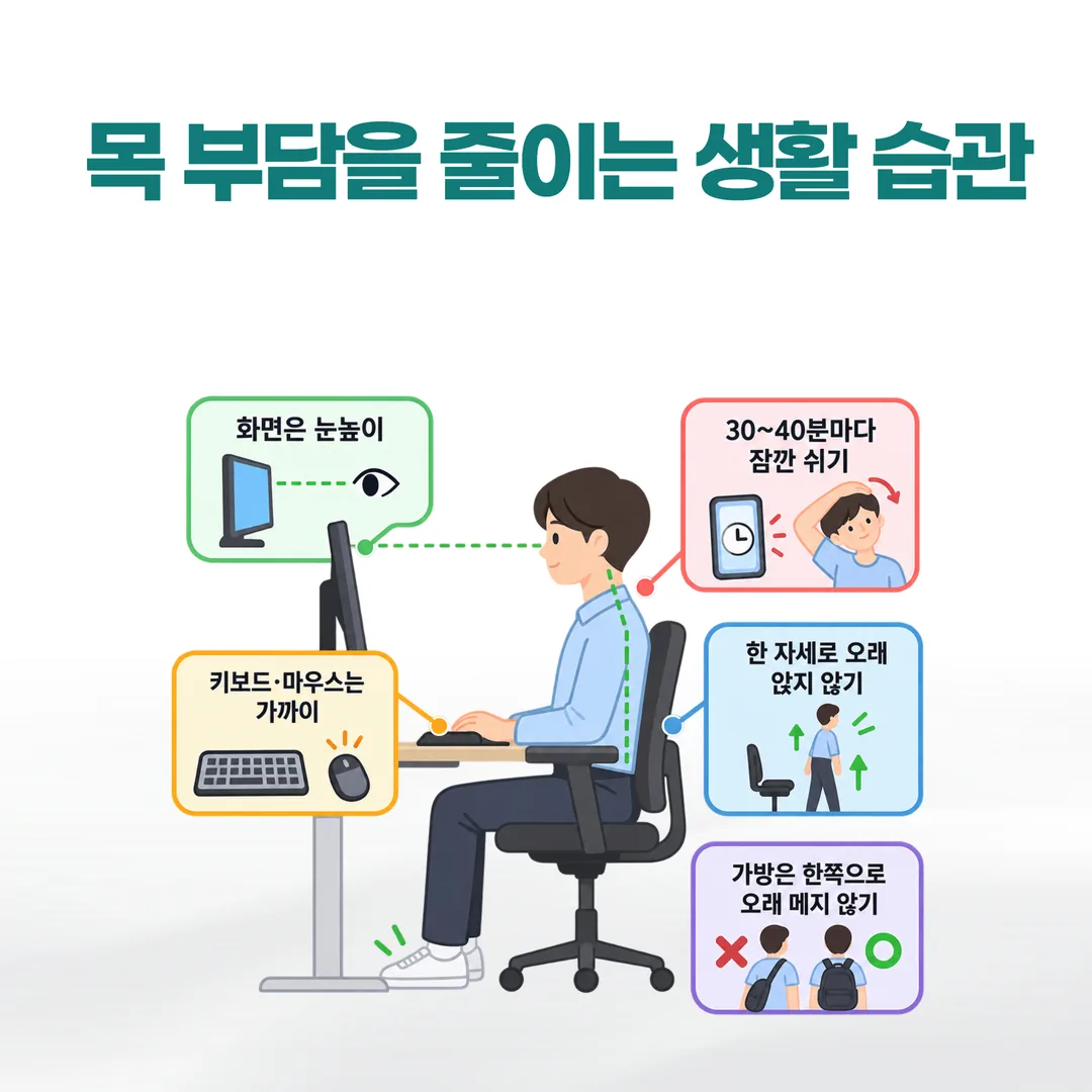 목 부담을 줄이는 책상 환경 배치 예시