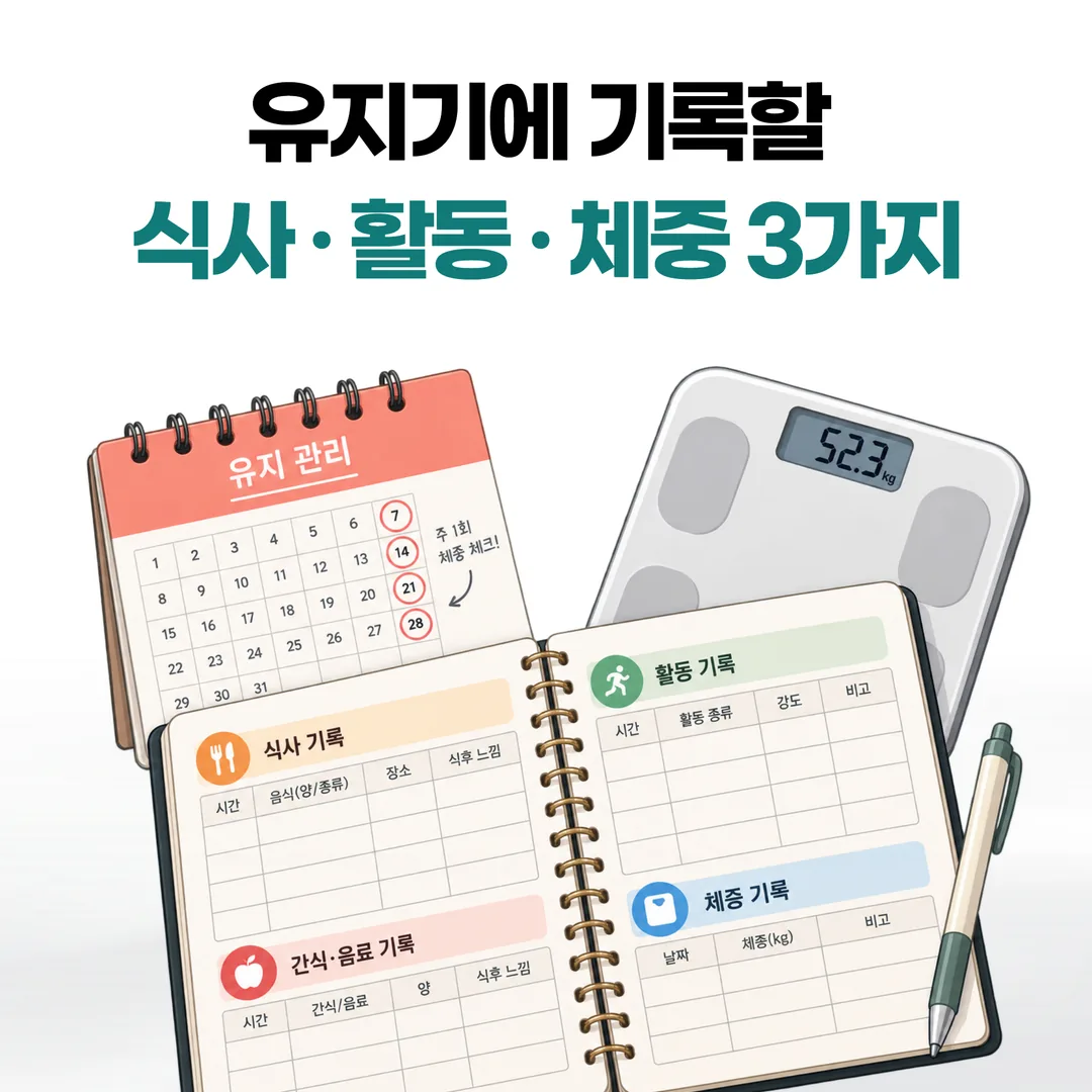 식사 시간·활동 시간·주 1회 체중을 나누어 적어 둔 유지 국면 기록 노트