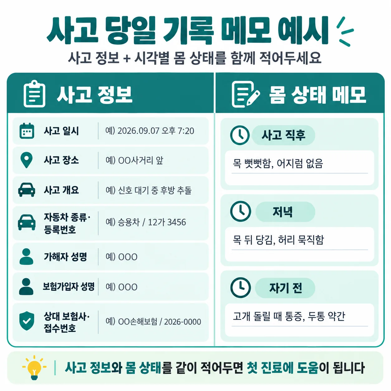 교통사고 당일 기록해 두는 사고 정보와 시각별 몸 상태 메모 예시 표