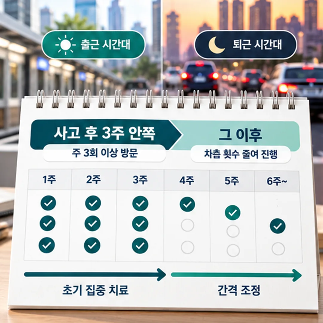 출퇴근 직장인의 교통사고 치료 방문 간격이 사고 뒤 시기에 따라 달라지는 달력 개념도