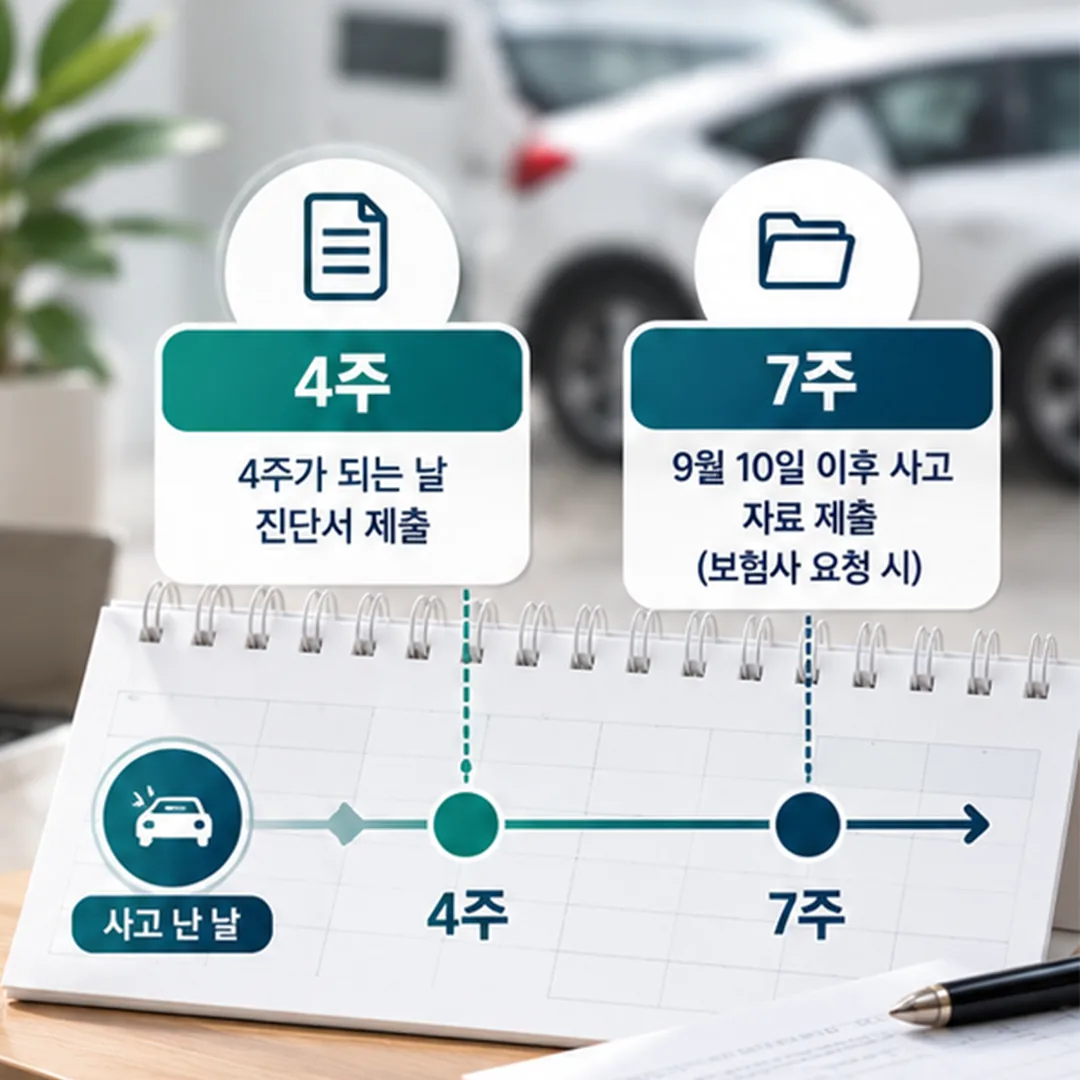 교통사고 날짜 기준 4주 진단서와 7주 자료 제출 날짜를 표시한 달력 흐름도