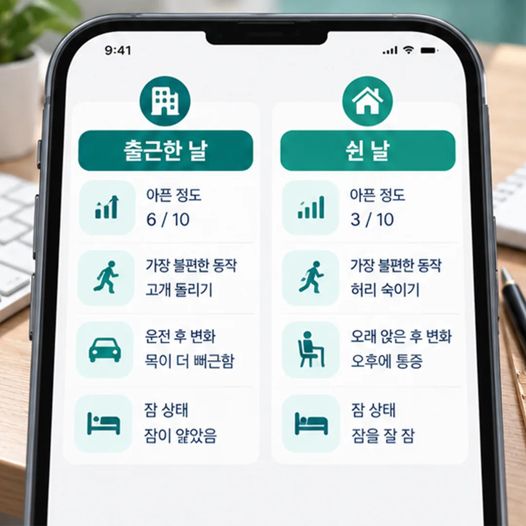 교통사고 치료 중 출근한 날과 쉰 날의 몸 상태를 나눠 적은 증상 기록 예시